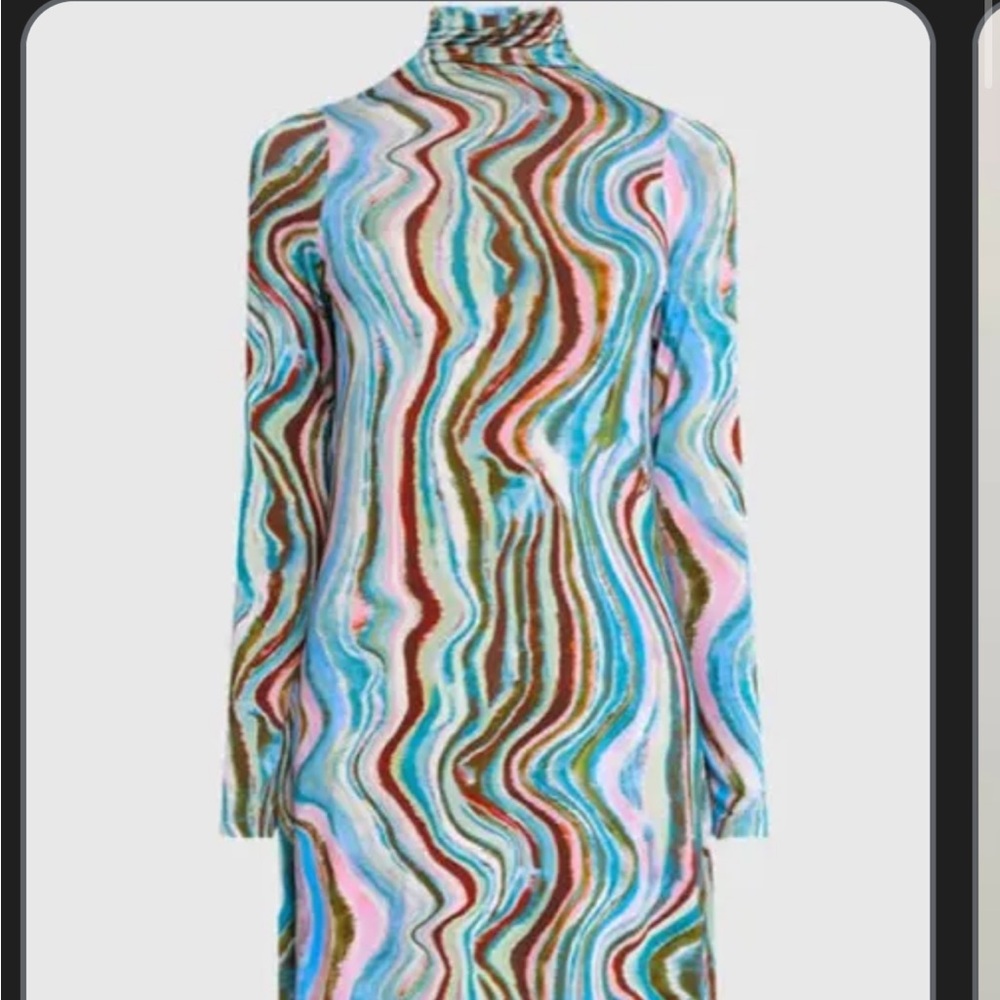 Multicolor Wave-Print Long Sleeve Midi Dress